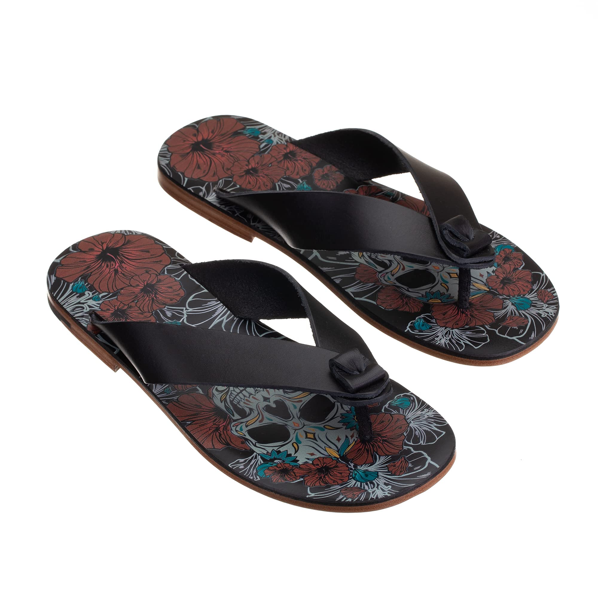 Piboo's Men's Sandals - Premium Vegetable Tanned Leather Flip Flops with Skull & Flower Design | Comfortable Summer Beach Shoes for Outdoor Activities