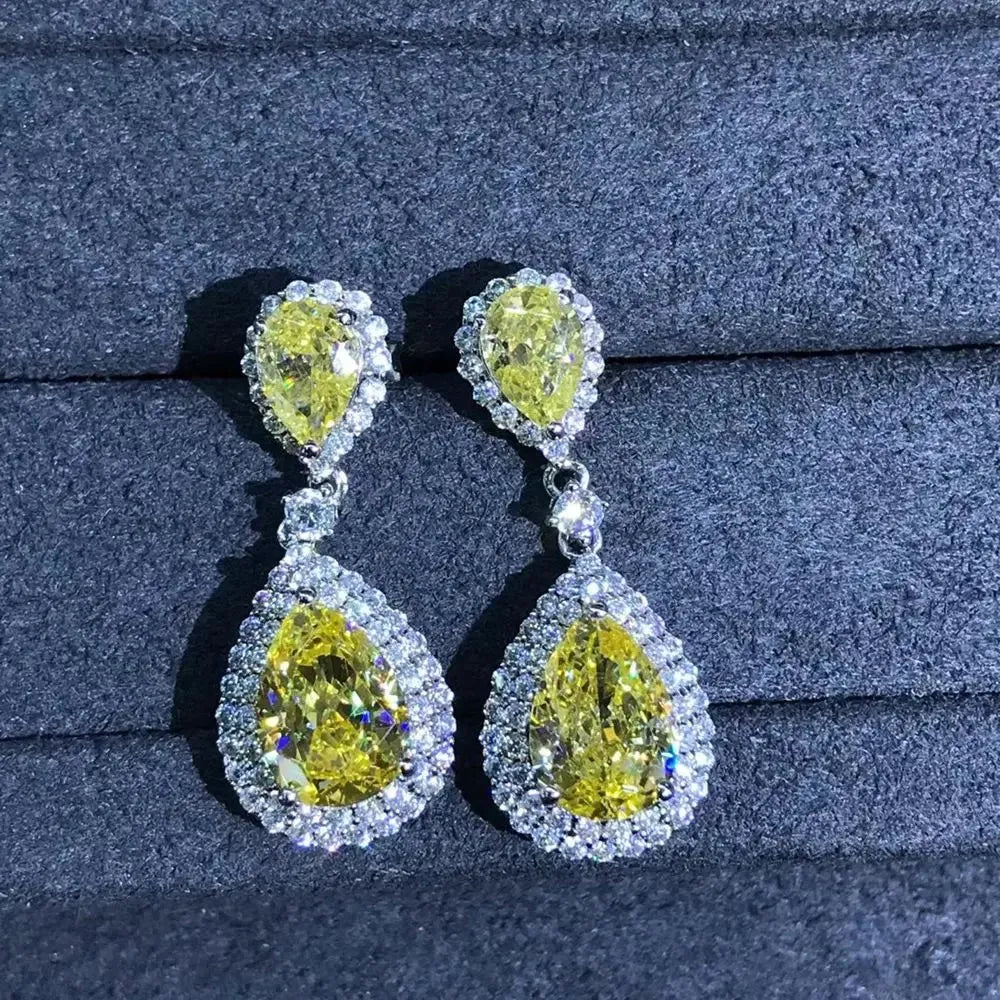 925 Sterling Silver Pear 3EX 3CT VVS Yellow Created Moissanite Drop Earrings - Customizable Wedding & Engagement Fine Jewelry for Brides, Anniversary Gifts & Special Occasions