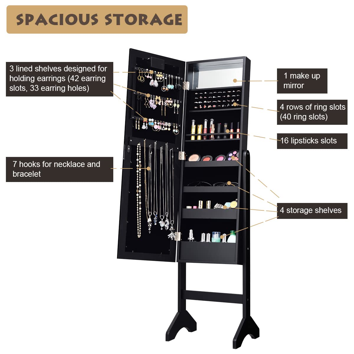 Giantex Standing Jewelry Armoire with 18 LED Lights - Large Mirrored Jewelry Cabinet with Full Length Mirror, 16 Lipstick Holders & Inside Makeup Mirror - Perfect for Bedroom, Closet & Dressing Room Organization (Black)