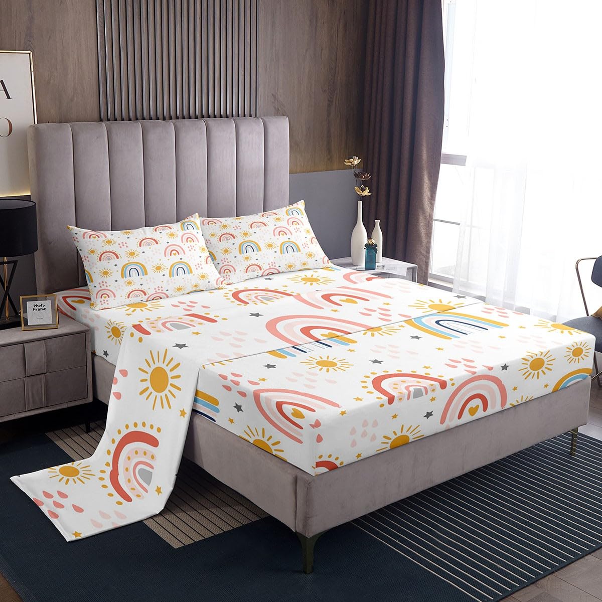 **Rainbow Queen Size Bed Sheets for Kids - Sun & Stars Printed Cartoon Bohemian Cloud Design - Soft Yellow & Pink Bedding Set for Boys & Teens - Perfect for Bedroom Decor & Cozy Sleep**