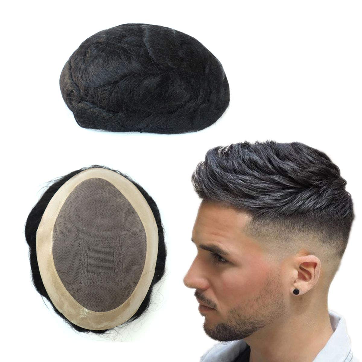 Men's Toupee Hairpiece - 100% Human Hair Replacement System - Real Hair Toupee for Men - Fine Mono 6x8 #1B - Perfect for Thinning Hair & Bald Spot Coverage