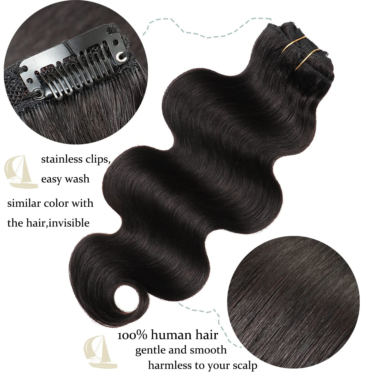 Clip in Human Hair Extensions 16inch - 8pcs 120g Body Wave Real Hair Extensions #1B Natural Black for Women | Soft Wavy Hairpiece for Volume & Length | Perfect for Parties, Weddings & Everyday Styling