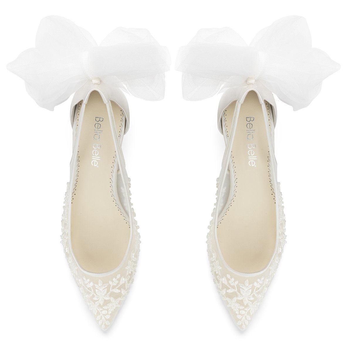 Esther Floral and Tulle Bow Kitten Heel Pumps - Elegant Women's Dress Shoes for Weddings, Parties & Special Occasions