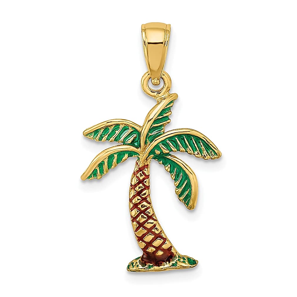 14K Yellow Gold Enamel Palm Tree Charm Necklace - Tropical Beach Jewelry Pendant for Women | Perfect Gift for Her, Birthday, Anniversary & Beach Vacations