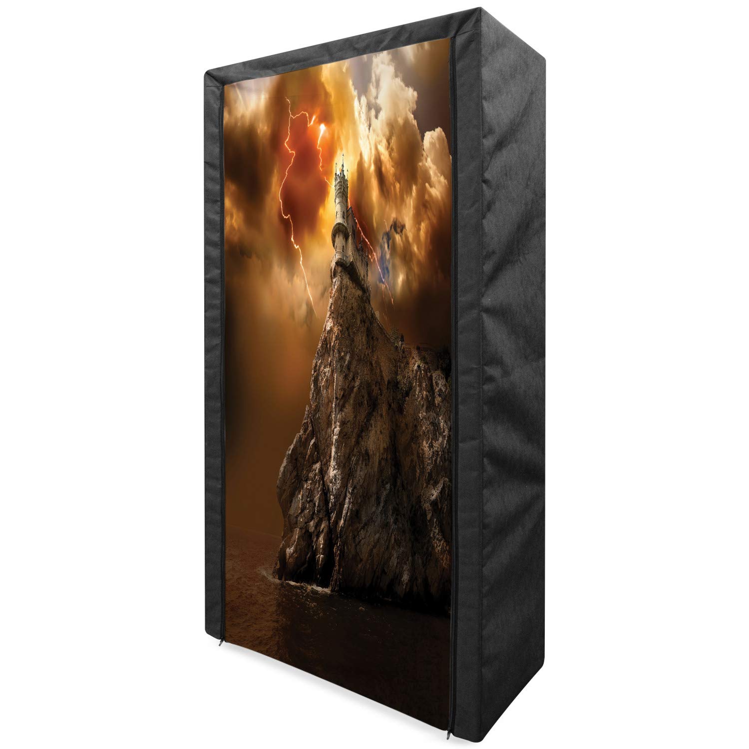 Ambesonne Fantasy Portable Fabric Wardrobe - Gothic Castle Cliffside Thunder Print Clothing Organizer with Shelves, 33.5