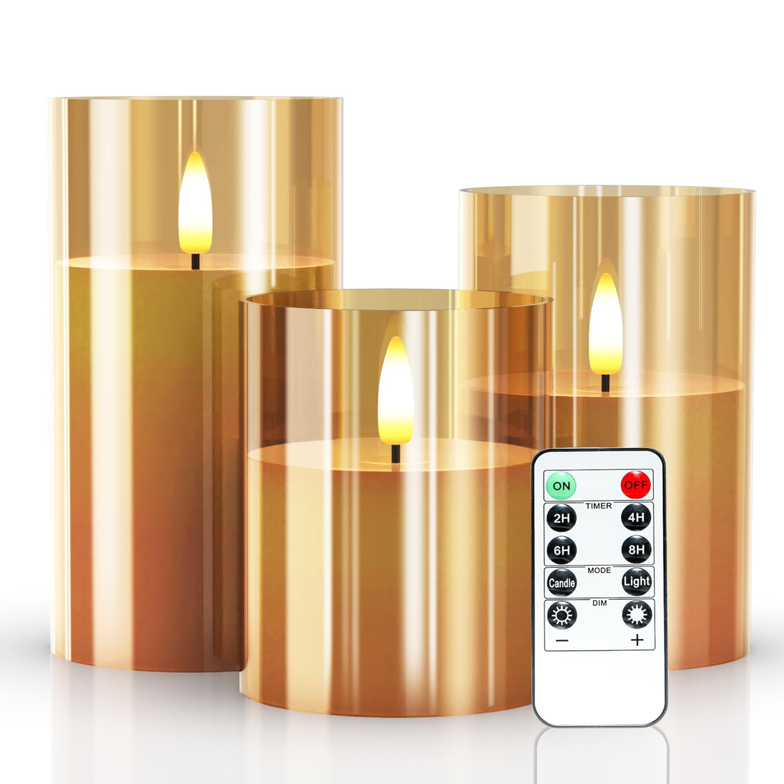 3 Pack Amber Flameless LED Candles - Battery Operated Clear Acrylic Pillar Candles with Remote & Timer for Wedding, Party, Birthday Decorations - Perfect for Home, Hotel, Restaurant & Romantic Ambiance