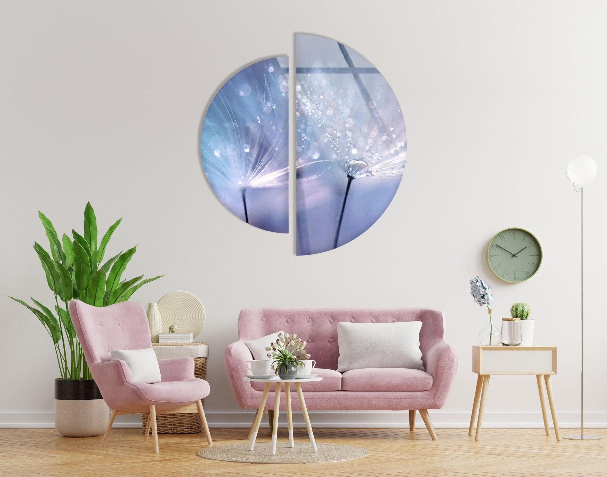 2 Piece Blue Dandelion Glass Wall Art Set - Handmade Modern Home Decor for Living Room, Bedroom & Office - Elegant Glass Flower Mural for Wall Styling