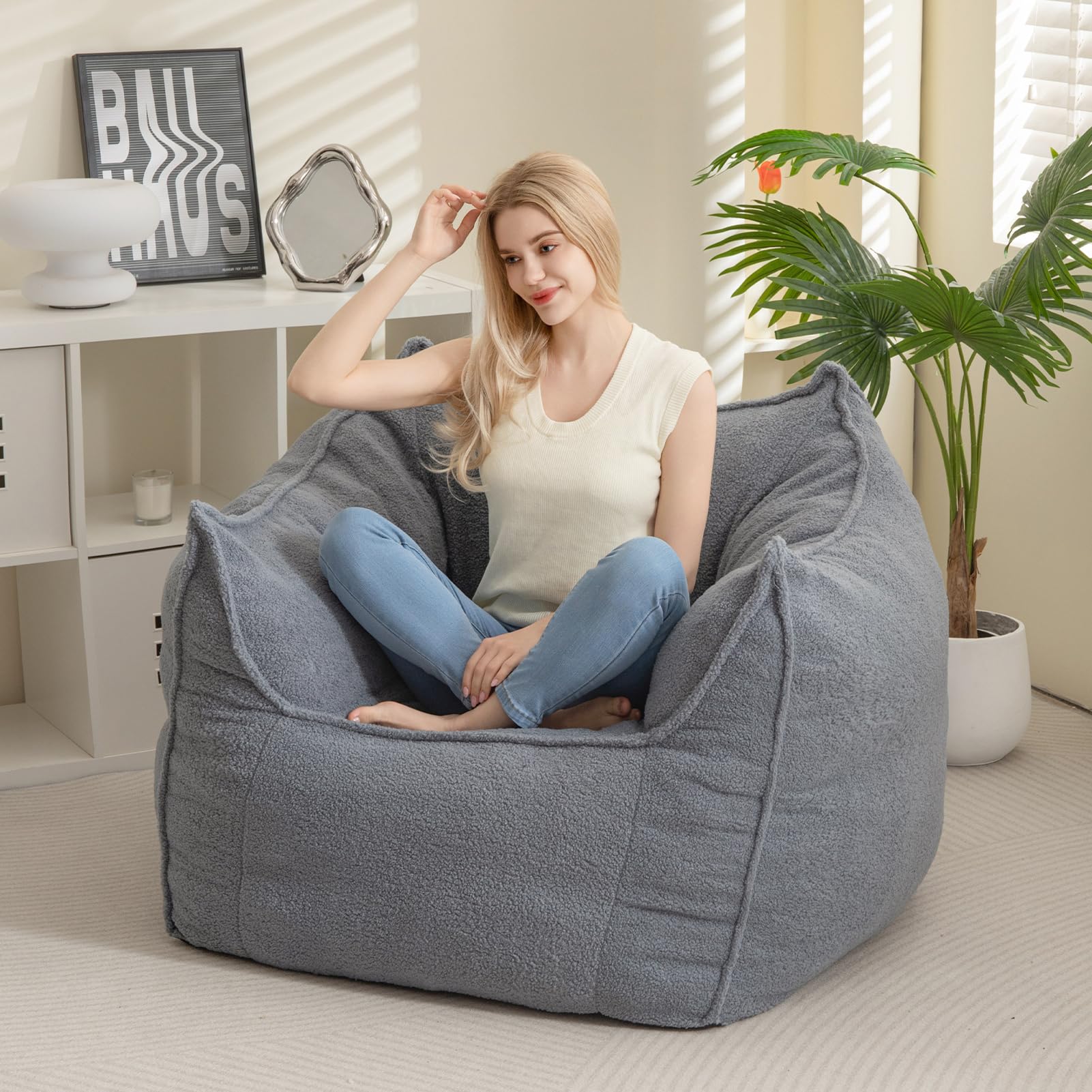 MAXYOYO Artistic Bean Bag Chair Sofa - Comfortable Lazy Chair with Armrests for Adults, Perfect for Gaming, Reading & Relaxing in Living Room, Bedroom or Dorm (Grey)