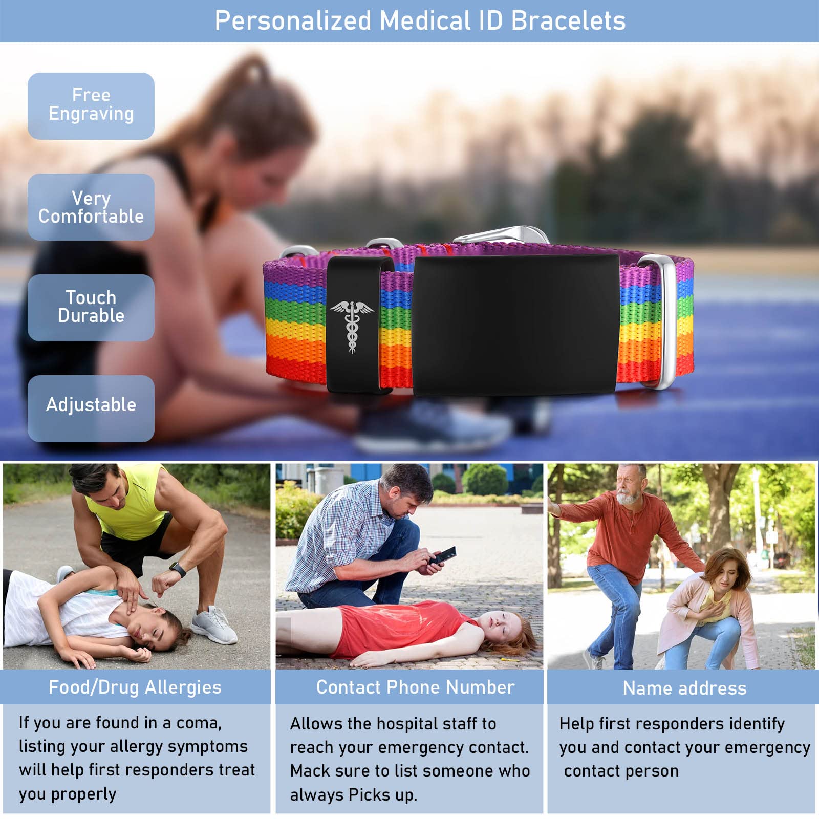 VNOX Medical Alert Bracelets for Men & Women - Custom Engraved Stainless Steel Emergency ID Bracelet for Sports, Travel & Daily Wear