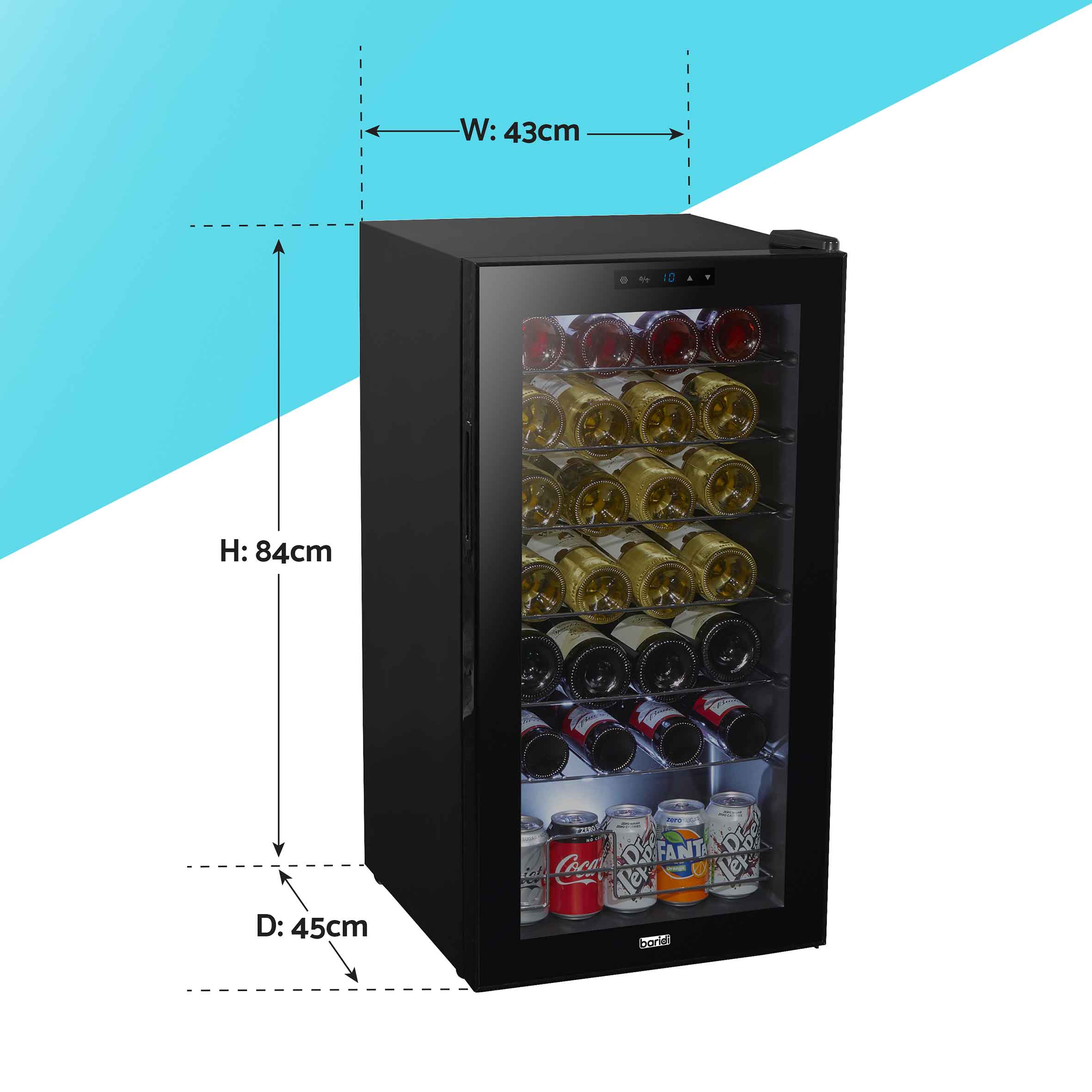 Baridi 28 Bottle Wine Cooler Refrigerator - Digital Touch Screen Control, LED Interior Lighting, Freestanding Black Wine Fridge for Home, Kitchen, Bar, or Restaurant Use