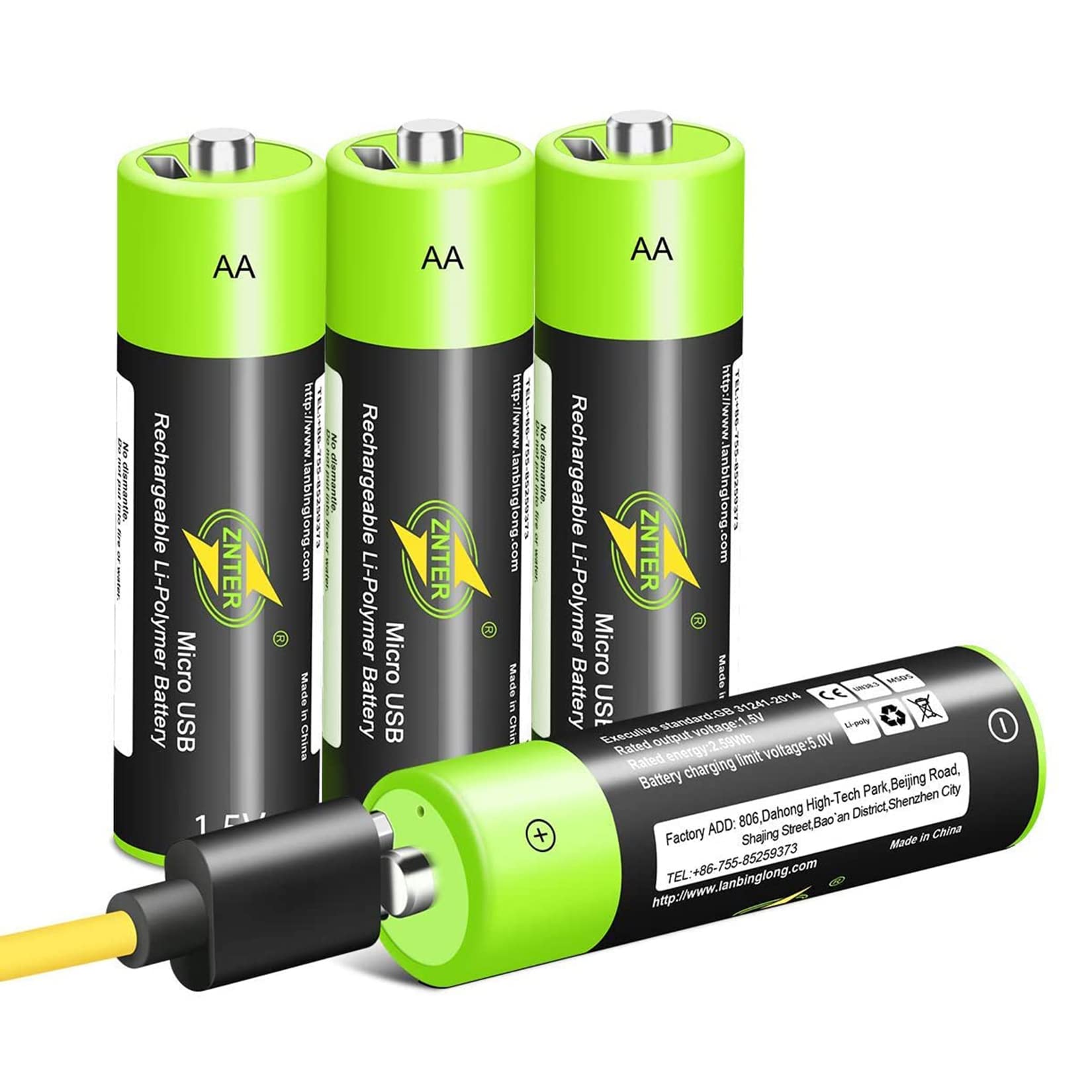 Rechargeable AA Lithium Batteries 1.5V 1700mAh - 4 Pack USB-C Rechargeable Li-ion Double A Batteries - Eco-Friendly No Memory Effect Batteries for Cameras, Flashlights, Toys & Electronics (Green)