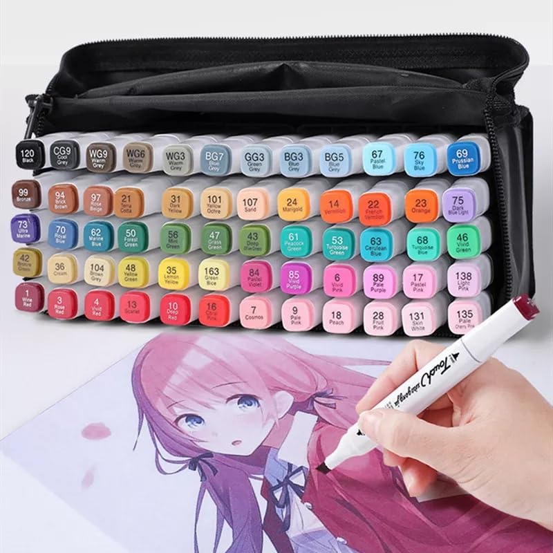 60 Colors Dual Tip Alcohol-Based Art Markers Set - Permanent Marker Pens & Highlighters with Carrying Case - Ideal for Illustration, Adult Coloring Books, Sketching, Card Making, Manga, Anime & Fashion Design - Perfect for Artists, Students & DIY Craft Projects