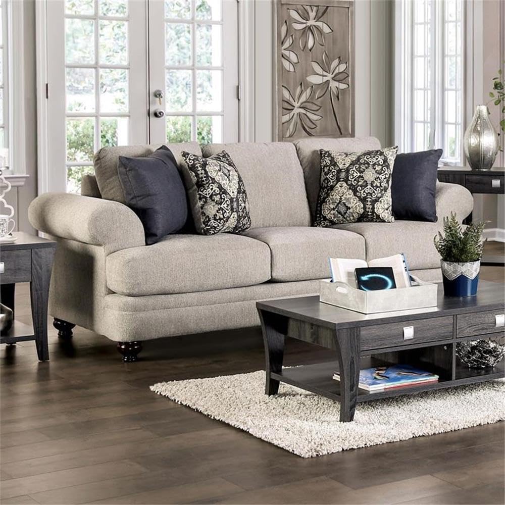 Furniture of America Herst Transitional Chenille Upholstered Sofa in Beige - Comfortable Living Room Couch for Home, Office & Lounge