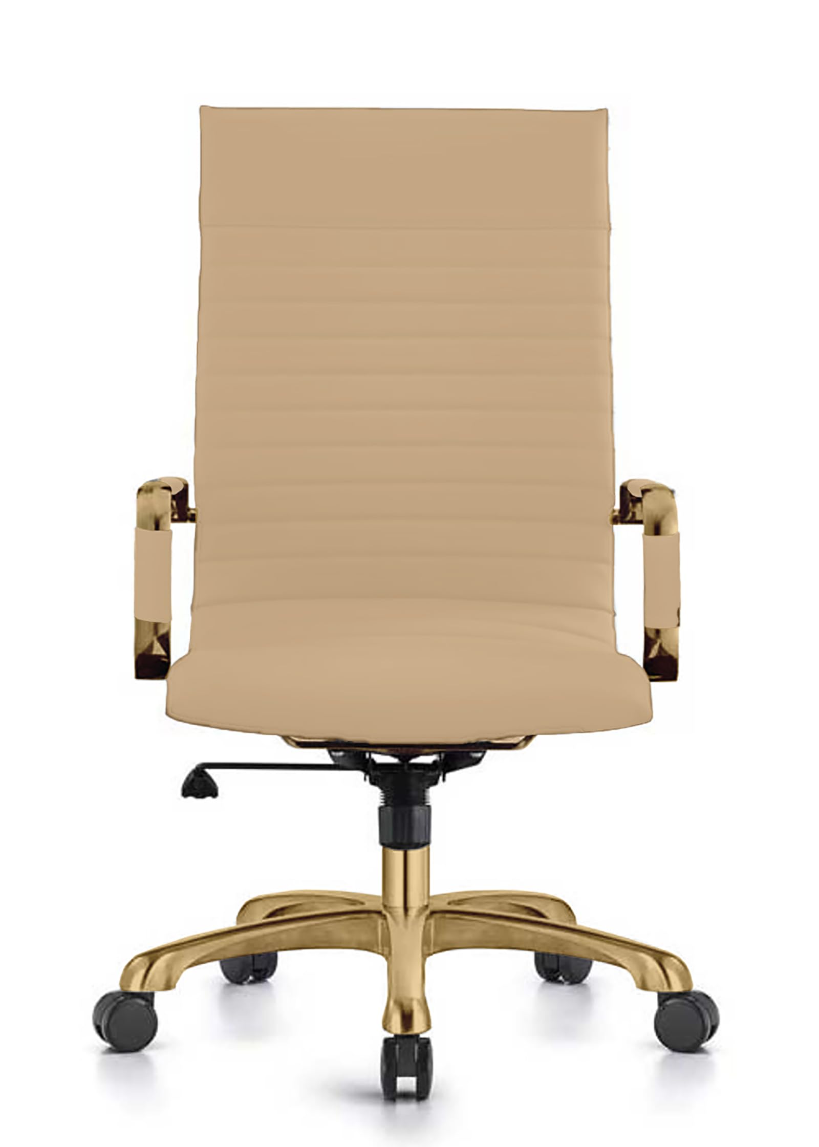 LeisureMod Harris High-Back Office Chair - Modern Leather Executive Chair with Gold Frame & 360 Swivel, Ergonomic Ribbed Design for Home Office, Study & Workspace | Perfect for Long Work Hours & Video Conferencing