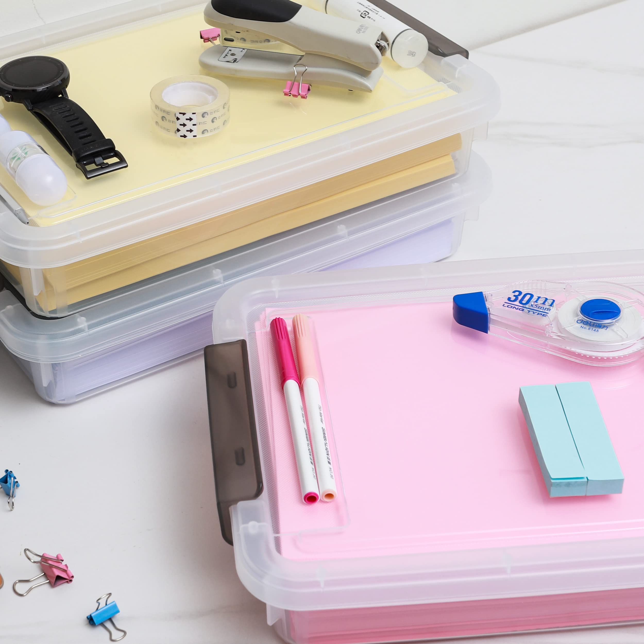 3-Piece Clear Plastic Storage Bins with Latching Lids - Stackable A4 File Box Organizer for Documents, Photos, Scrapbooks | Portable Project Case for Office, Home & Craft Room Organization