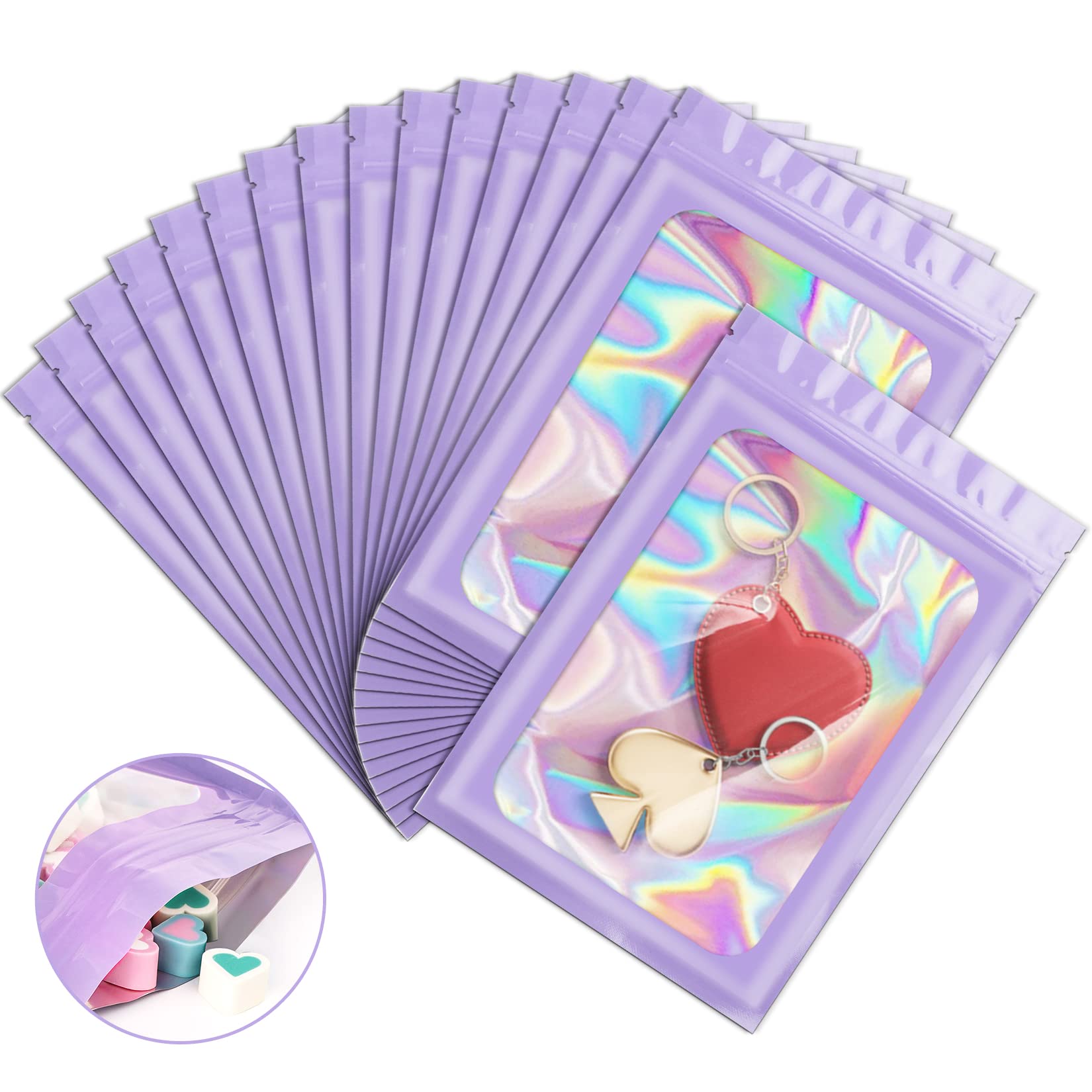100 Pack Holographic Resealable Foil Pouch Bags with Clear Window - 4x6 Inch Purple Food Storage Bags for Lip Gloss, Jewelry, Lashes & More | Airtight Packaging for Snacks, Makeup & Small Items