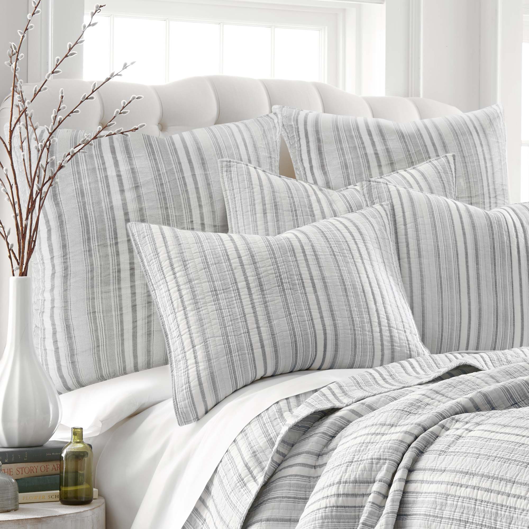 Bondi Stripe Grey Euro Sham Pillowcases Set of 2 - Premium Cotton Decorative Pillow Covers for Sofa, Bed & Home Decor