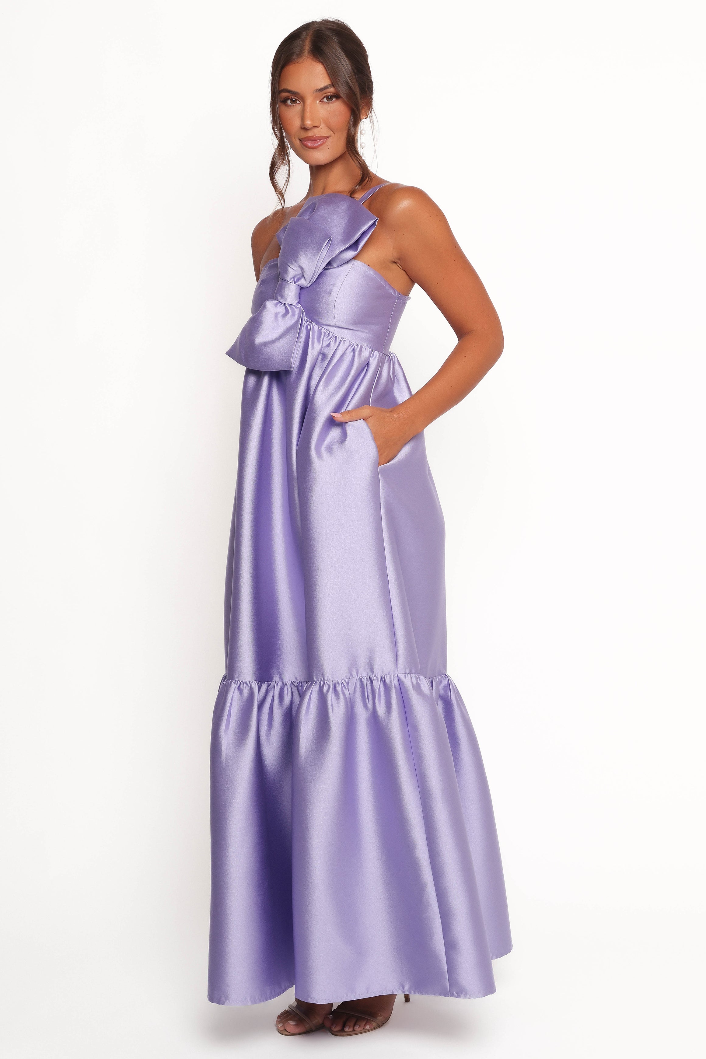 Betina Bow Front Maxi Dress for Women - Flowy Long Floral Dress with Side Slits & Adjustable Waist Tie - Perfect for Weddings, Parties & Summer Vacations - Lilac