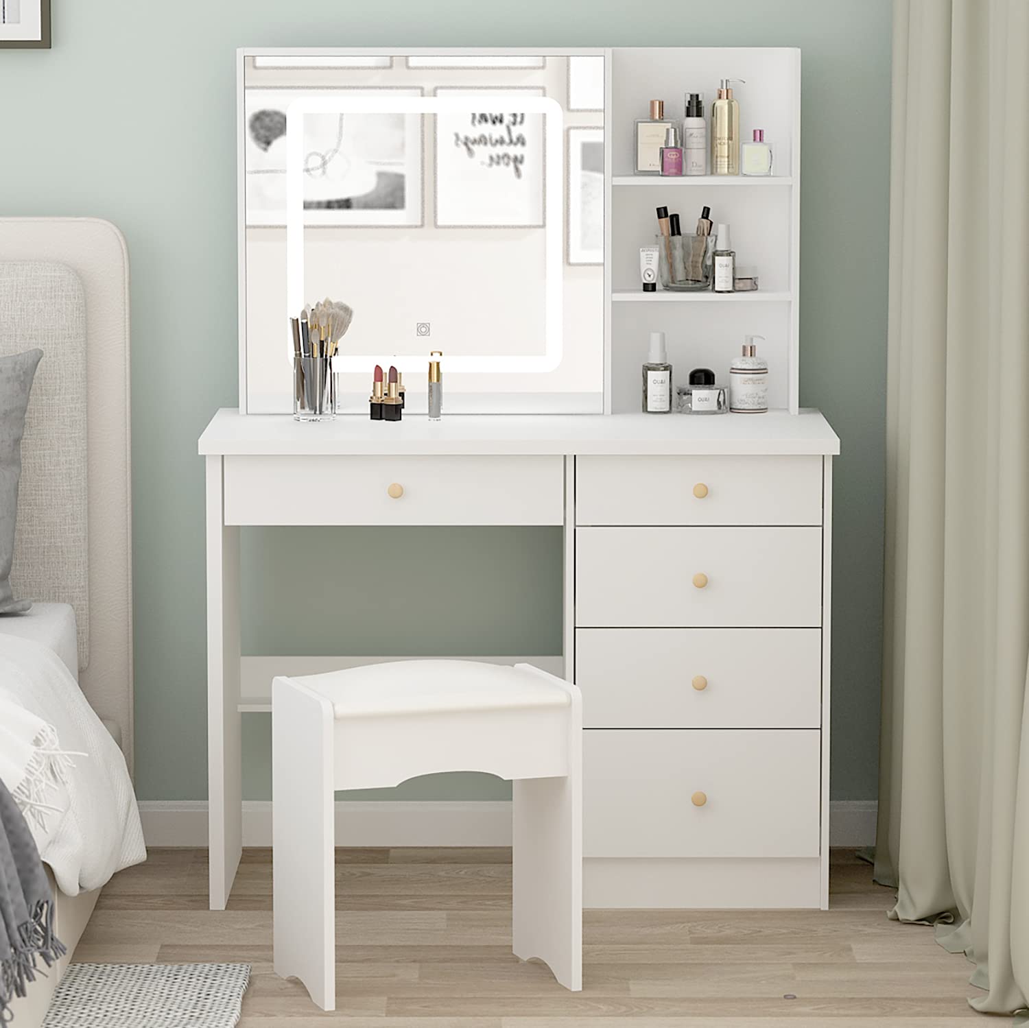 FUFU&GAGA White Large Vanity Set with LED Lighted Mirror - 5 Drawers & Shelves Makeup Dressing Table, Dresser Desk & Cushioned Stool Set for Bedroom, Bathroom & Salon | Perfect for Makeup Organization & Beauty Routine