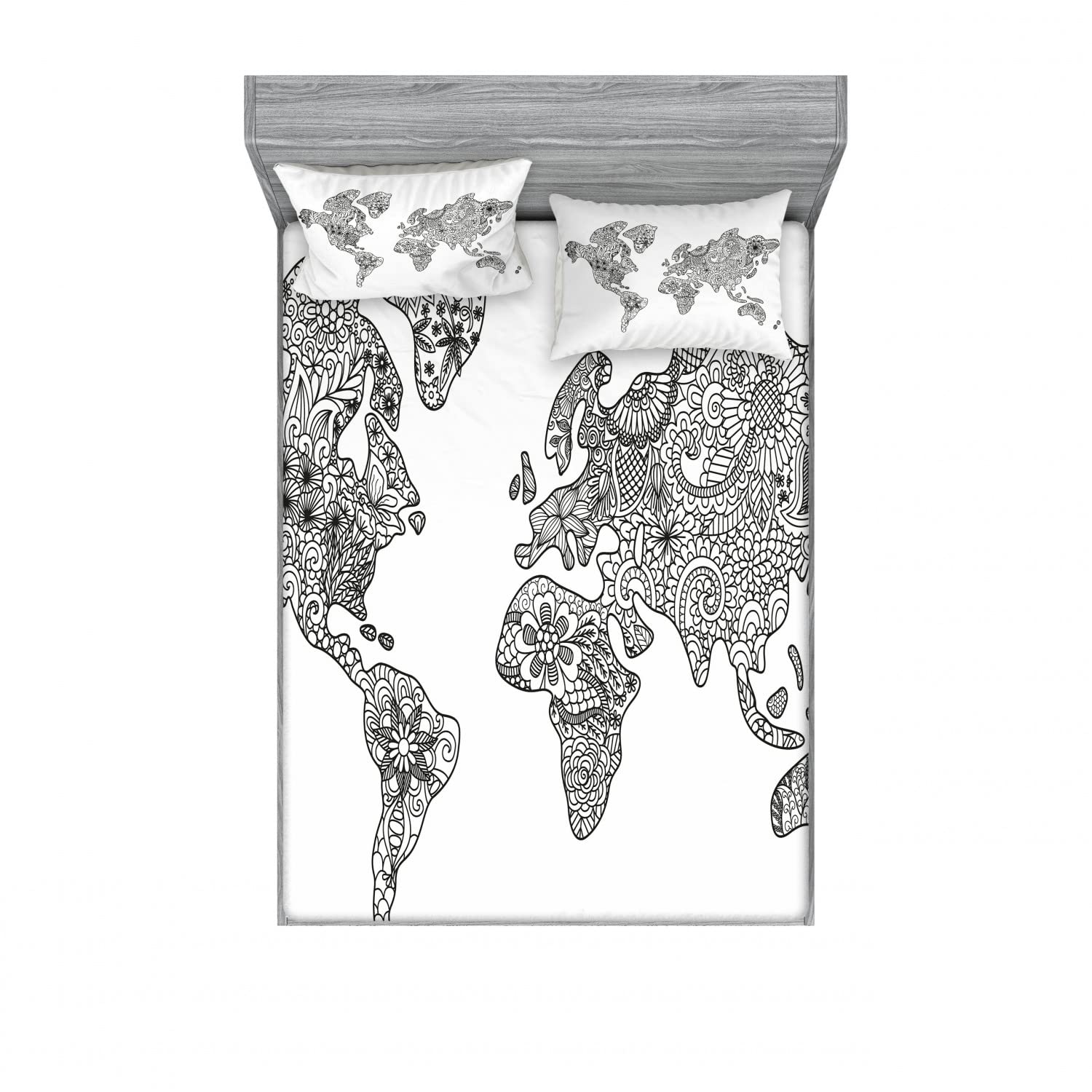 Ambesonne 2-Pack Queen Size Fitted Sheet Set with 4 Pillow Shams - Black and White World Map Floral Continents Design - 4 Piece Luxury Bedding Decor for Home, Dorm, Travel & Guest Rooms