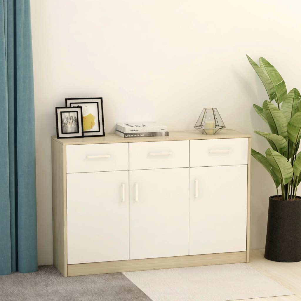 Modern Buffet Sideboard Cabinet - 43.3 Inch Entryway Storage Console Table with Chipboard Construction in White & Sonoma Oak | Perfect for Dining Room, Living Room, and Hallway Organization