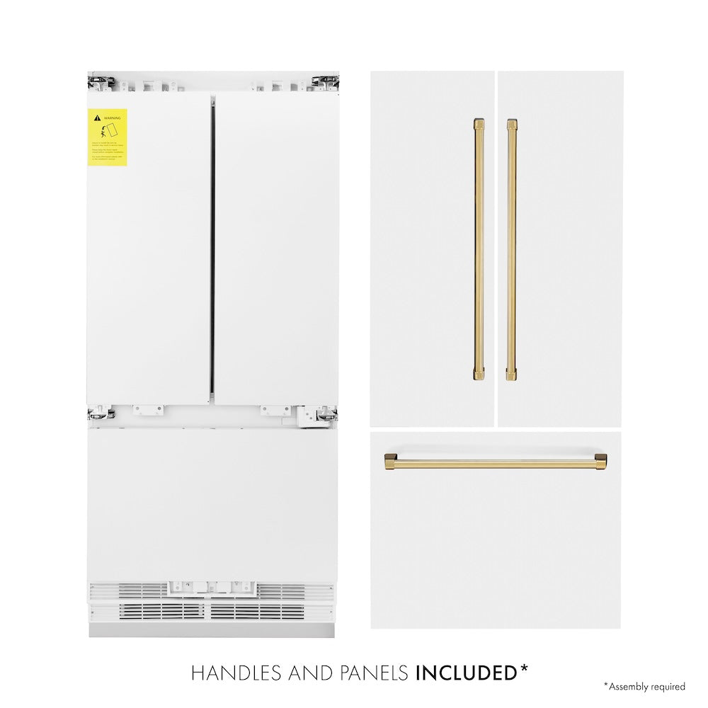 ZLINE Autograph Edition 36 Inch 19.6 Cu Ft French Door Built-In Bottom Freezer Refrigerator with Water Dispenser & Ice Maker - White Matte Finish with Polished Gold Accents (RBIVZ WM 36 G) | Premium Kitchen Appliance for Modern Homes & Luxury Condos