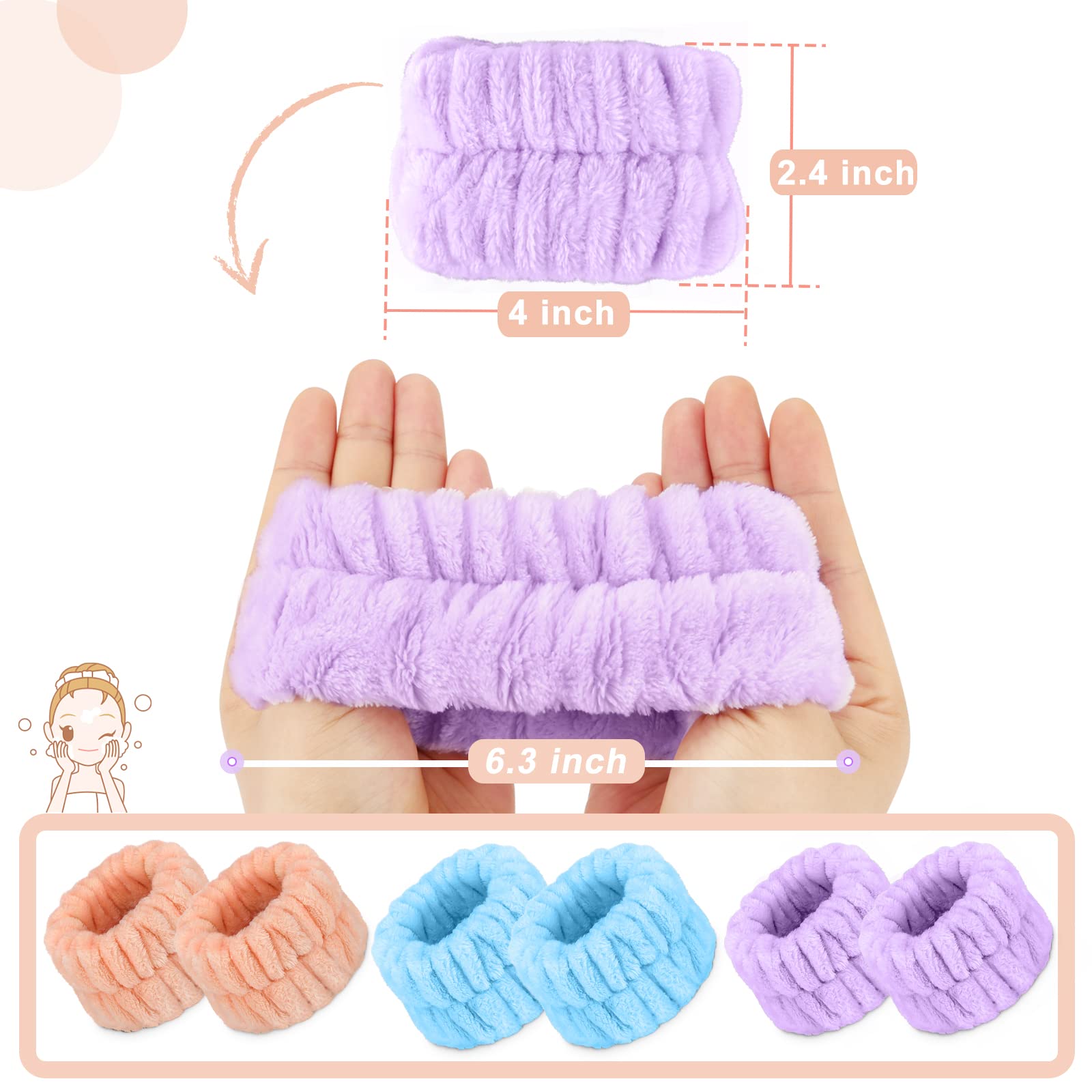 6PCS Microfiber Spa Wrist Towel Bands - Super Absorbent Face Washing & Skincare Sweatbands for Women & Girls | Prevent Water Drips During Facial Cleansing, Makeup Removal & Spa Treatments
