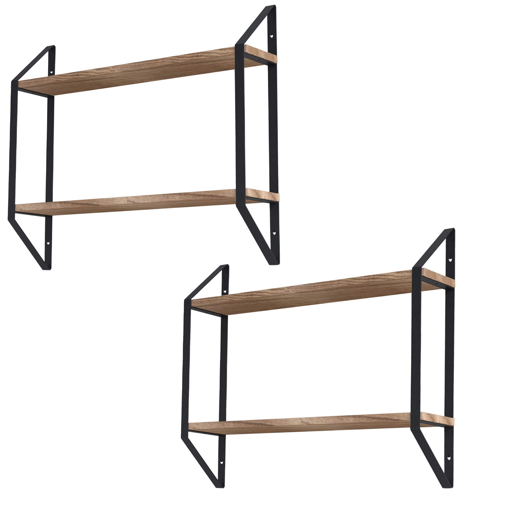 Wallniture Ponza 24 Inch Wood Floating Shelves for Wall - Set of 2, Rustic Natural Burned Finish, 2-Tier Kitchen Pantry Organizer & Storage Shelves - Perfect for Spice Racks, Bathroom Decor, and Living Room Display
