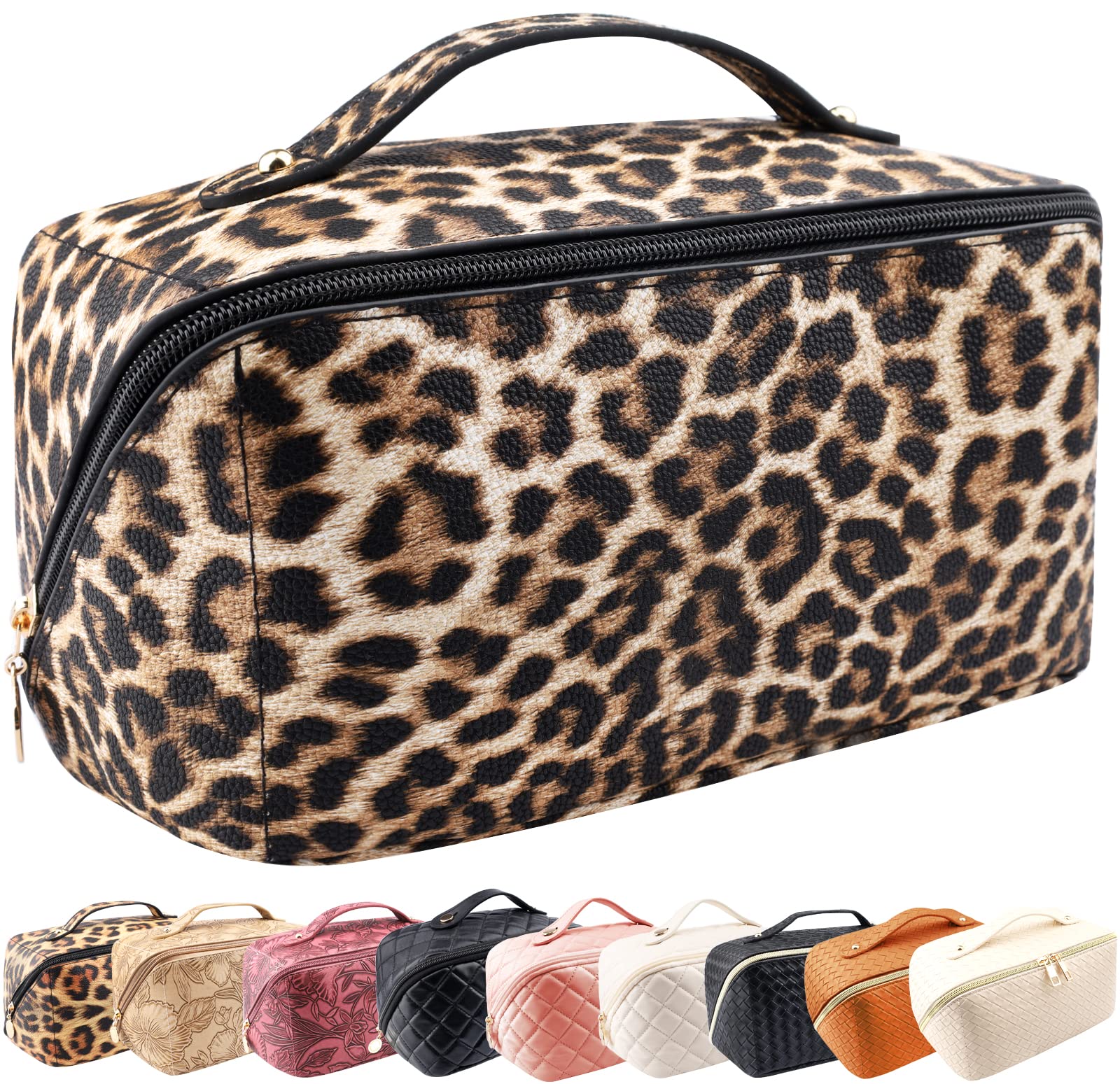 Large Capacity Waterproof Travel Cosmetic Bag Organizer for Women - PU Leather Makeup Bag with Handle & Dividers, Fashion Leopard Print (Perfect for Air Travel, Gym & Weekend Getaways)