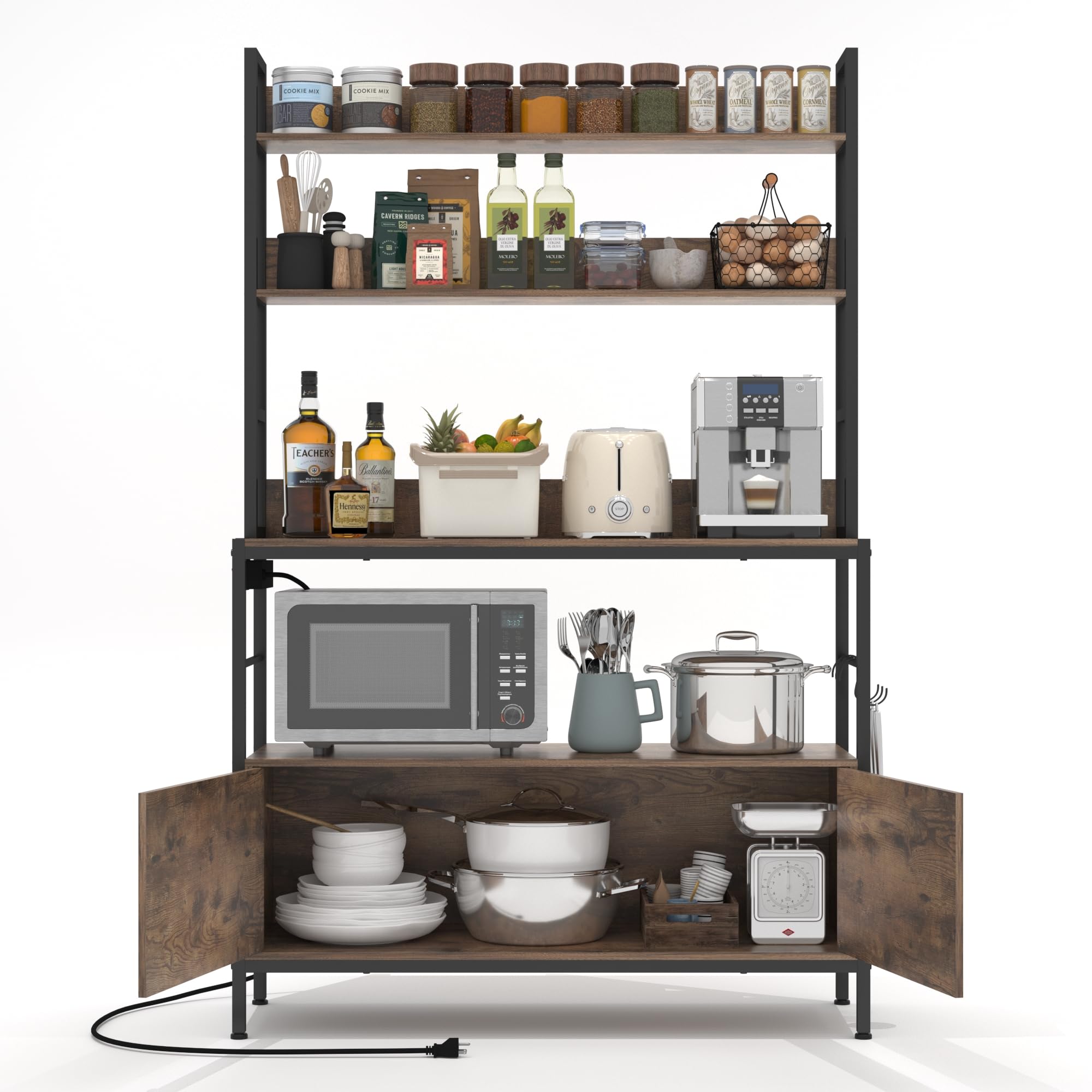 5-Tier Heavy Duty Kitchen Baker’s Rack with Power Outlet & Storage Cabinet - Free Standing Oven Stand, Microwave Shelf & Spice Rack with Hooks - Perfect for Small Kitchens, Pantry Organization & Baking Essentials Storage