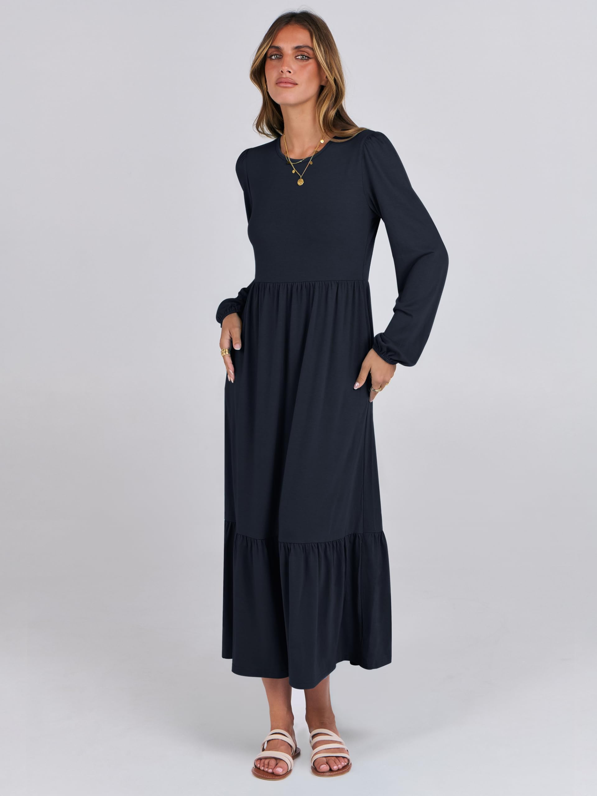 ANRABESS Women's Casual Long Sleeve Midi Dress - 2025 Spring Crewneck A-Line Tiered Flowy Loose Dress with Pockets | Trendy Plus Size Dresses for Work, Date Night & Spring Outfits