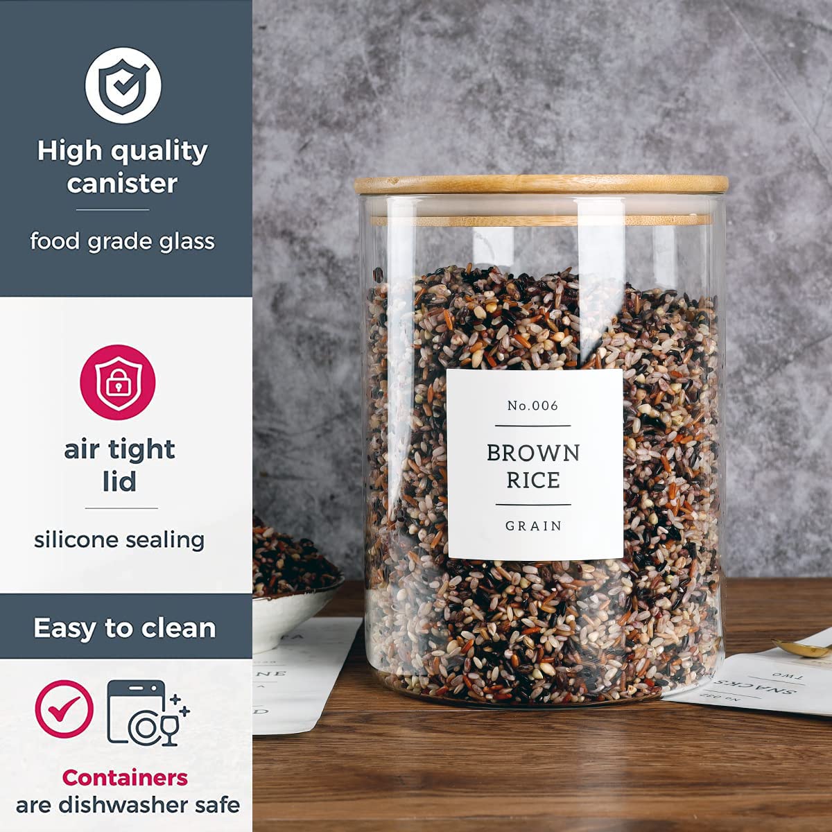 Large Glass Storage Jars with Airtight Bamboo Lid - 100 oz Thick Kitchen Glass Food Storage Canisters with 42 Pantry Labels - Clear Flour and Sugar Containers for Farmhouse Style Kitchen - Perfect for Pantry Organization, Baking Ingredients, Coffee, Tea, and Dry Food Storage