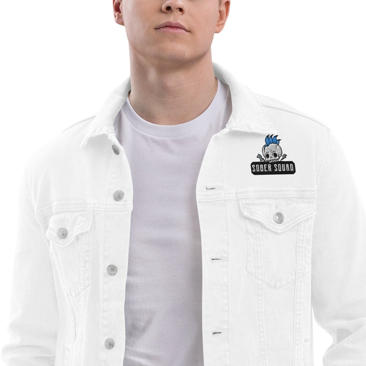 Sober Squad Embroidered Denim Jacket for Men & Women - Stylish Vintage Denim Jacket with Unique Embroidery - Perfect for Casual Outfits, Streetwear, and Everyday Wear