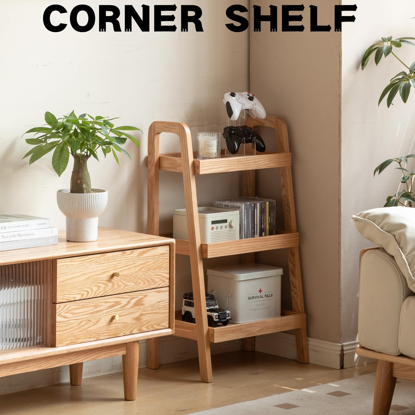 3-Tier Ladder Shelf - Solid Oak Wood Bookshelf with Storage, Small Side Table for Living Room, Bedroom, Kitchen & Bathroom - Perfect for Organizing Books, Plants & Decor (Natural Finish)