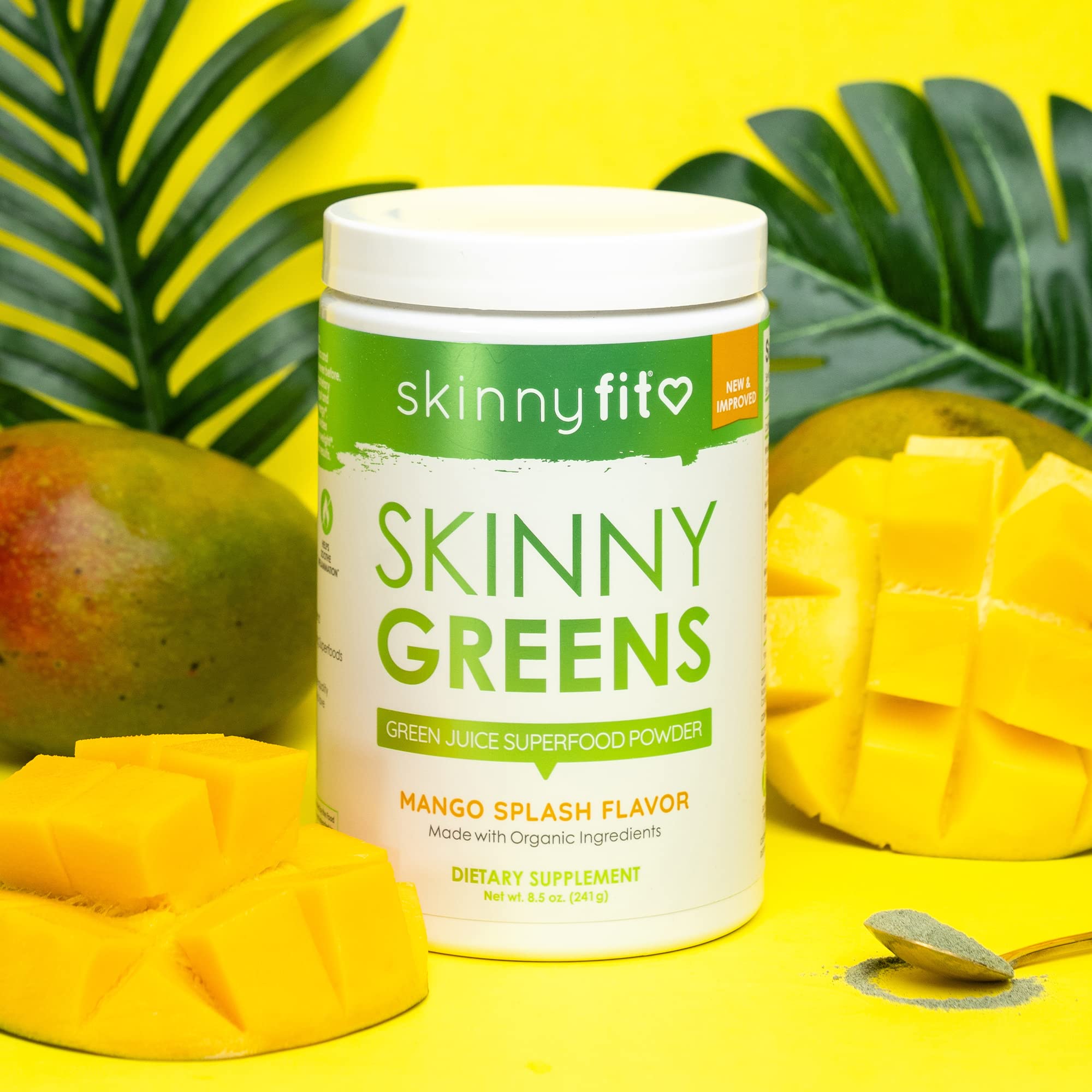 SkinnyFit Mango Splash Skinny Greens Superfood Powder - Natural Energy & Focus Booster with Spirulina & Chlorella, Reduces Bloating, 30 Servings - Perfect for Smoothies, Detox & Daily Wellness Routine