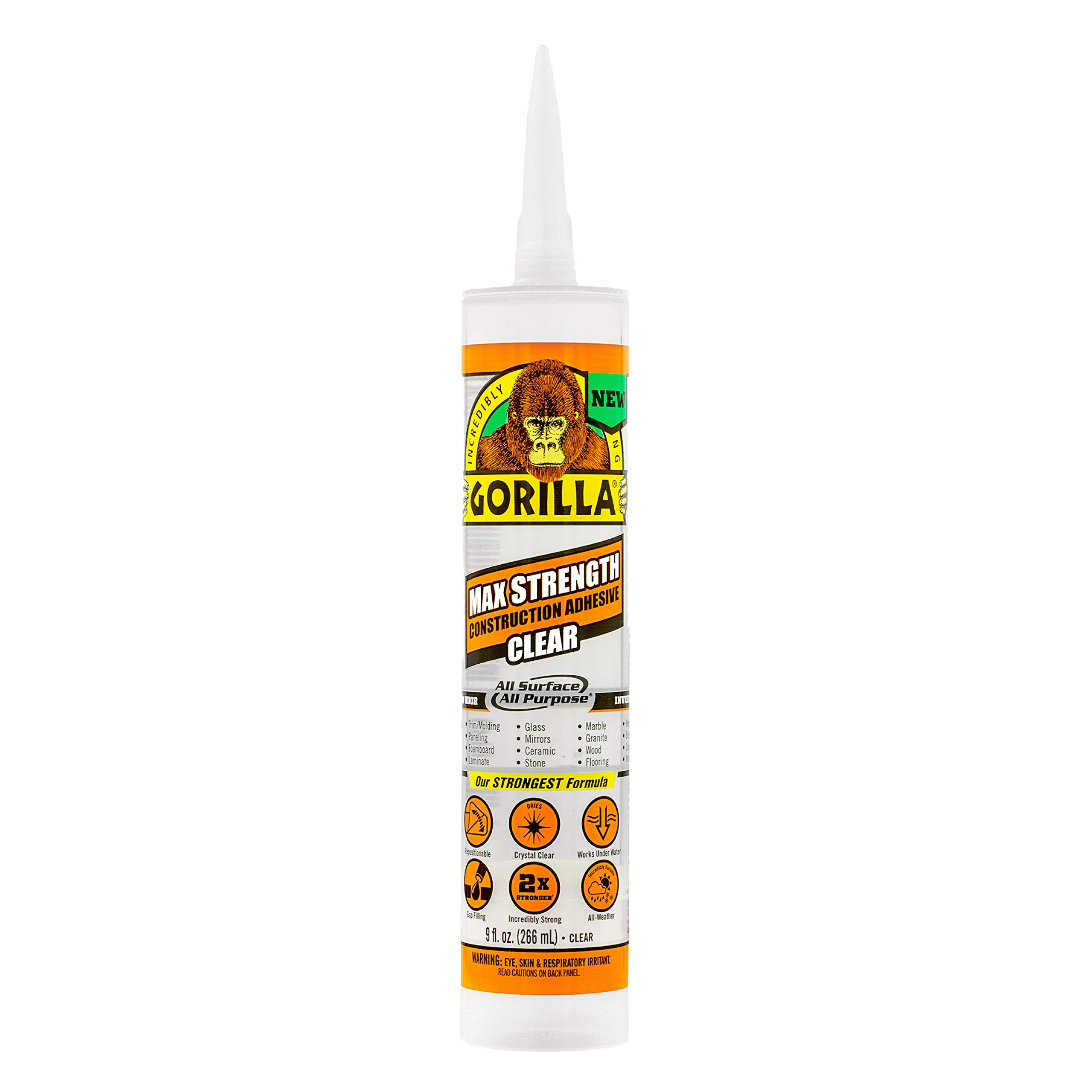 Gorilla Max Strength Clear Construction Adhesive - 9 oz Cartridge (Pack of 12) - Heavy Duty Waterproof Gap Filling Glue for Wood, Metal, Concrete - Perfect for Home Repairs, DIY Projects & Construction Work