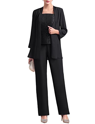 Zongqiven Women's 3-Piece Chiffon Pants Suit with Lace Trim - Elegant Mother of the Bride Dress Set for Wedding Guest, Formal Evening Wear & Special Occasions