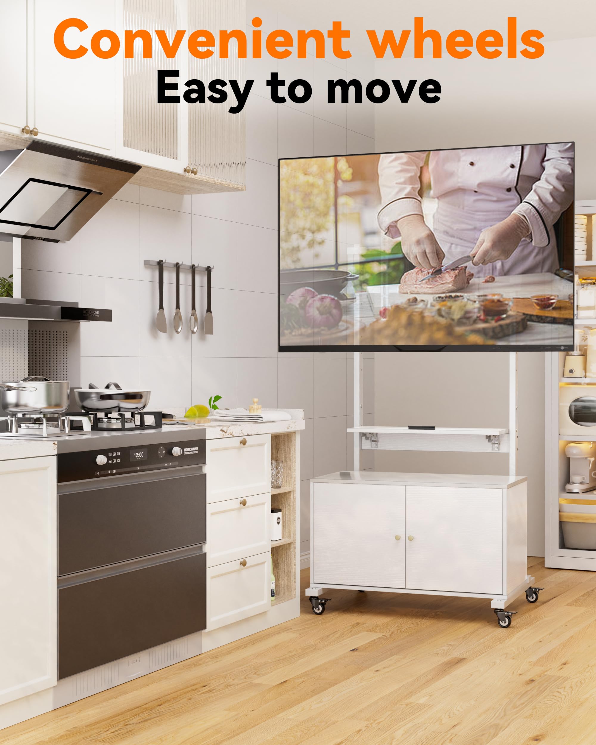 Adjustable Rolling TV Stand with Storage for 32-75 Inch Screens - Mobile Entertainment Center with Foldable Table & Height Adjustment - Perfect for Living Room, Bedroom, and Outdoor Use