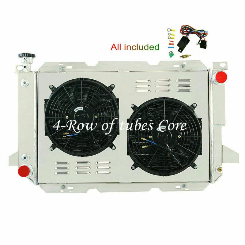 AlloyWorks 4-Row Aluminum Radiator with Fan Shroud Kit & Relay for 1985-1997 Ford F-150 F-250 F-350 & Bronco V8 - High-Performance Cooling Upgrade for Trucks & Off-Road Vehicles