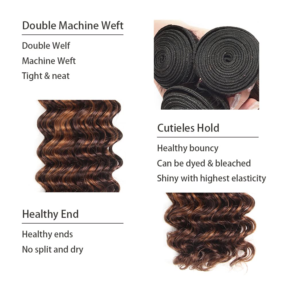 Brazilian Virgin Ombre Deep Wave Human Hair Weaves - 3 Bundles 16/18/20 Inch Unprocessed Remy Hair Extensions for Black Women | Blonde Piano Hair Bundles for Natural Hairstyles, Weaving & Protective Styling