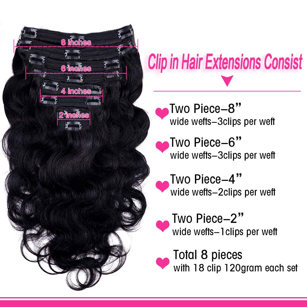 Body Wave Clip-In Hair Extensions for Black Women – 8-Piece Brazilian Virgin Human Hair Set (20 Inch, 120g, 18 Clips) – Natural Black Color for Full Head Styling – Perfect for Parties, Weddings & Everyday Glam