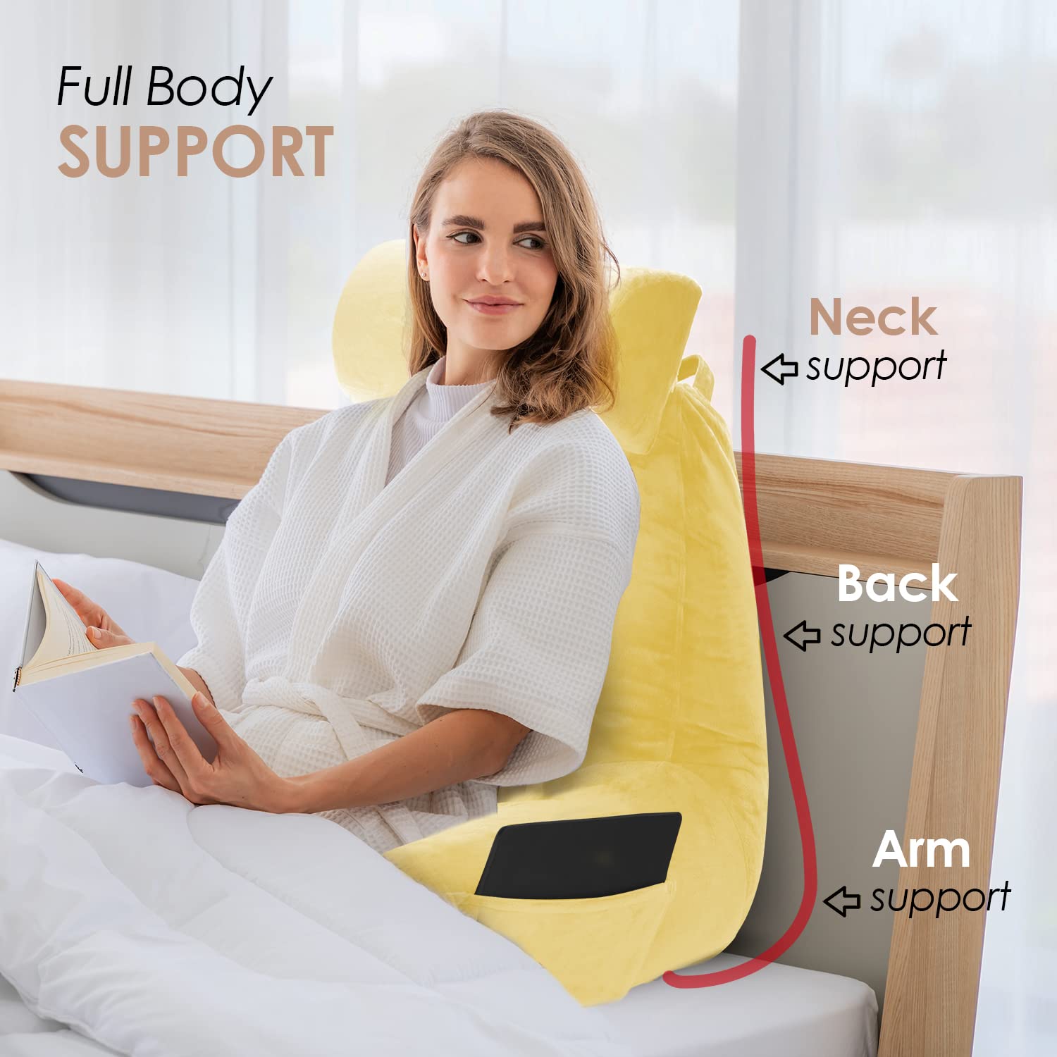 **Nestl Large Reading Pillow with Shredded Memory Foam – Back Support Pillow for Sitting in Bed, Reading, or Relaxing – Light Yellow Bed Chair Pillow with Pockets – Perfect for Cozy Reading Nooks, Dorm Rooms & Lounging**