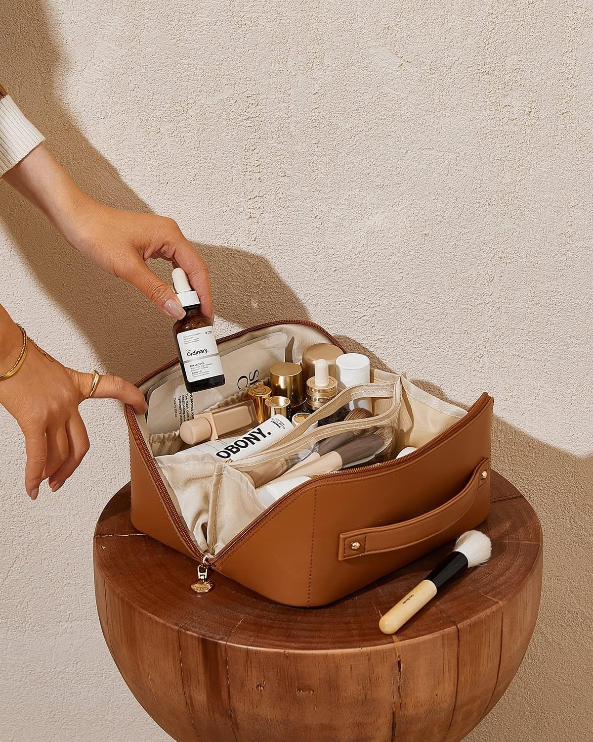 Professional Travel Makeup Bag for Women - Large Capacity Cosmetic & Toiletry Organizer (9.25x4.13x4.33 Inches, Brown) - Waterproof Wash Bag Perfect for Air Travel, Gym, Vacation & Daily Use