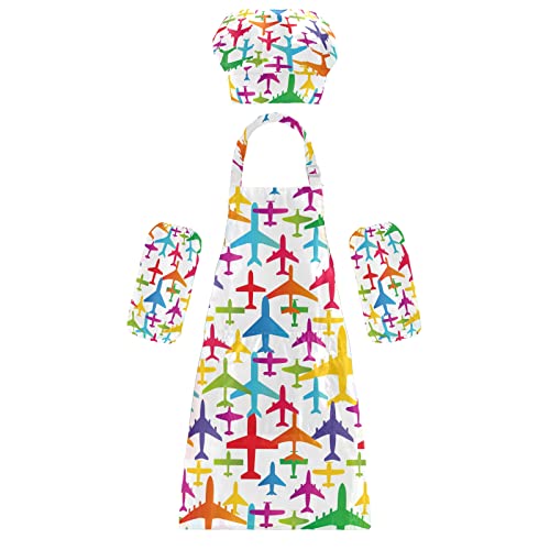Bright Airplanes Kids Aprons with Hat & Sleeves - Children's Chef Cooking & Painting Set - Perfect for Baking, Arts & Crafts, and Kitchen Playtime