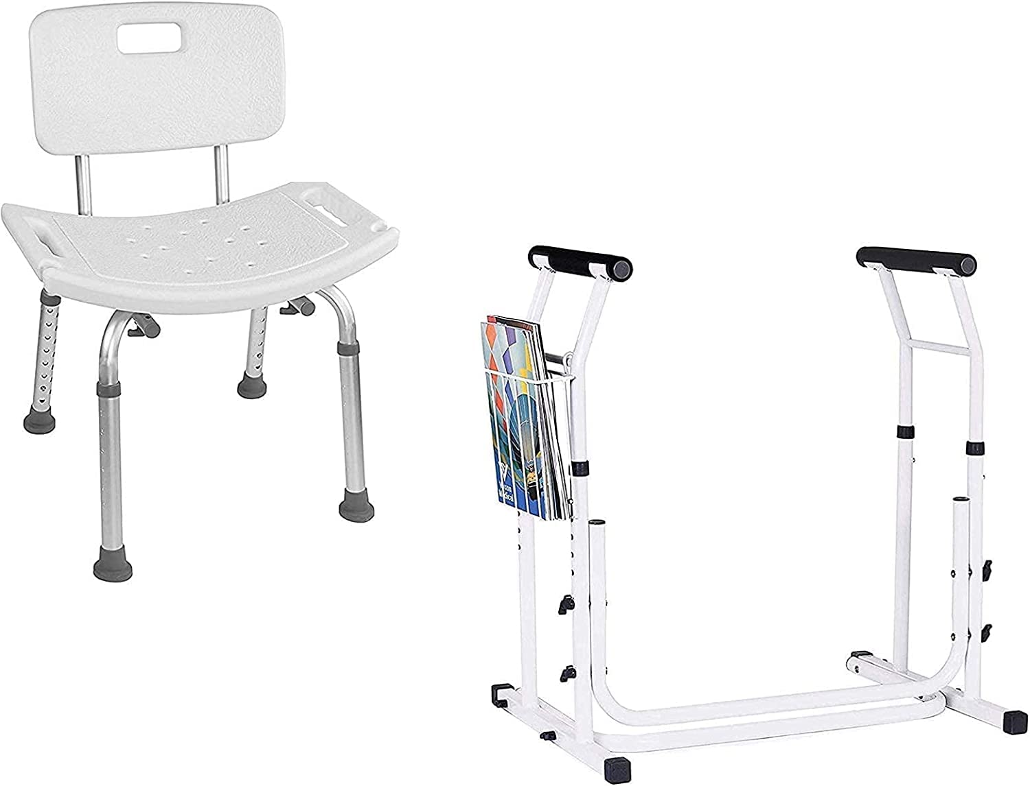 Vaunn Medical Adjustable Shower Chair with Patented Height Adjustable Toilet Safety Rail - Bathroom Safety Equipment for Elderly & Disabled - Non-Slip Shower Seat & Handicap Toilet Rail for Home Care & Assisted Living