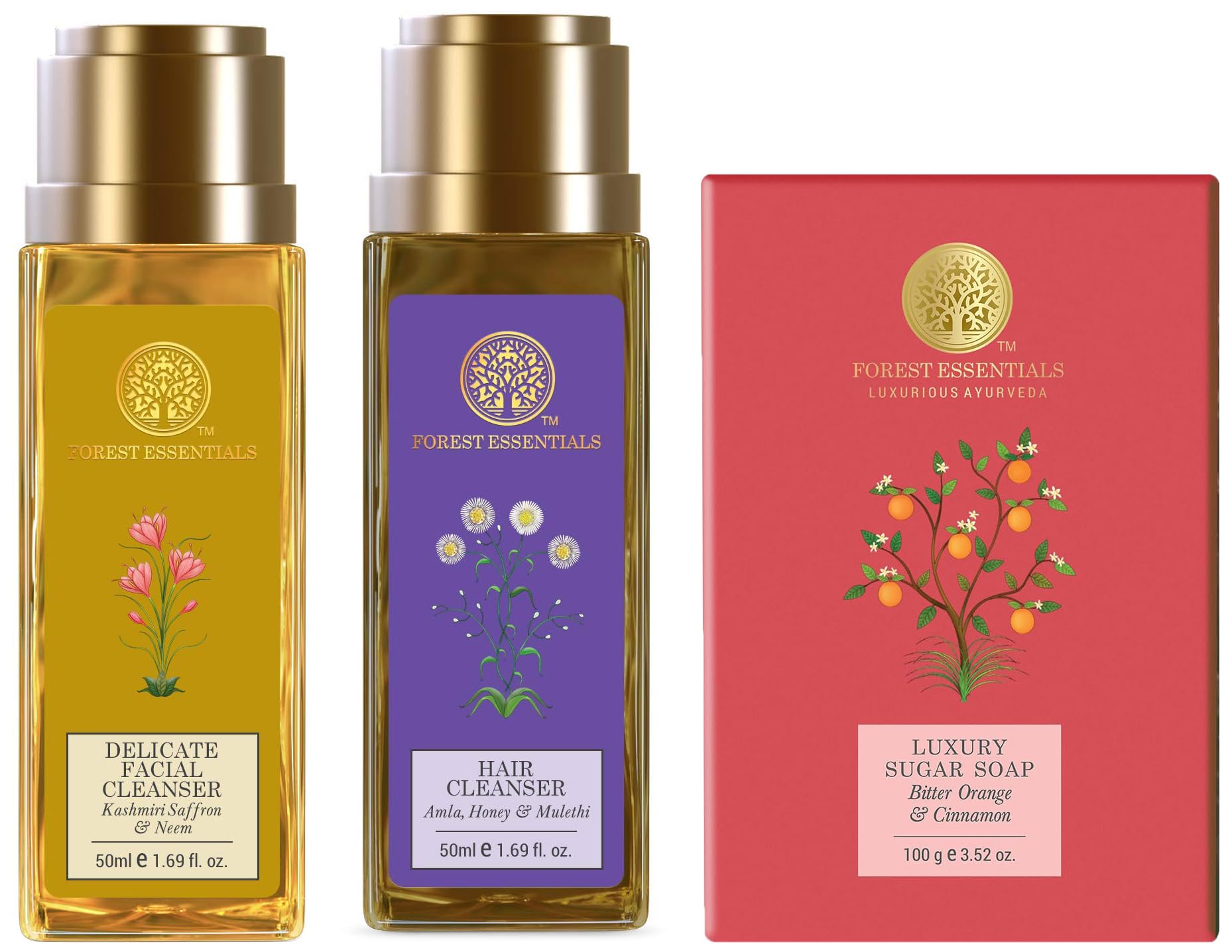 1. **Forest Essentials Luxury Sugar Soap with Bitter Orange – Exfoliating & Moisturizing Body Wash for Glowing Skin | Spa & Daily Use**   2. **Forest Essentials Delicate Facial Cleanser with Kashmiri Saffron – Gentle Foaming Face Wash for Bright & Hydrated Skin | Morning & Night Routine**   3. **Forest Essentials Hair Cleanser with Amla, Honey & Mulethi – Nourishing Shampoo for Strong & Shiny Hair | Daily Hair Care & Scalp Health**