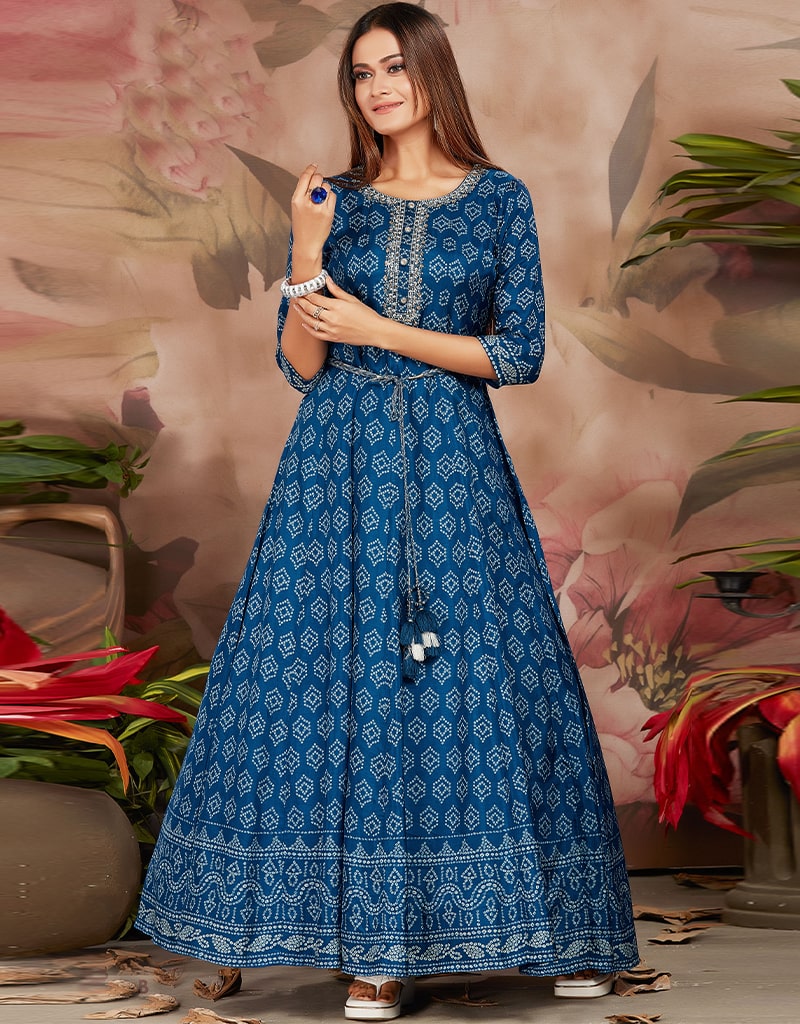 Elegant Blue Anarkali Kurti for Women - Traditional Indian Long Tunic Dress for Festivals, Weddings & Special Occasions