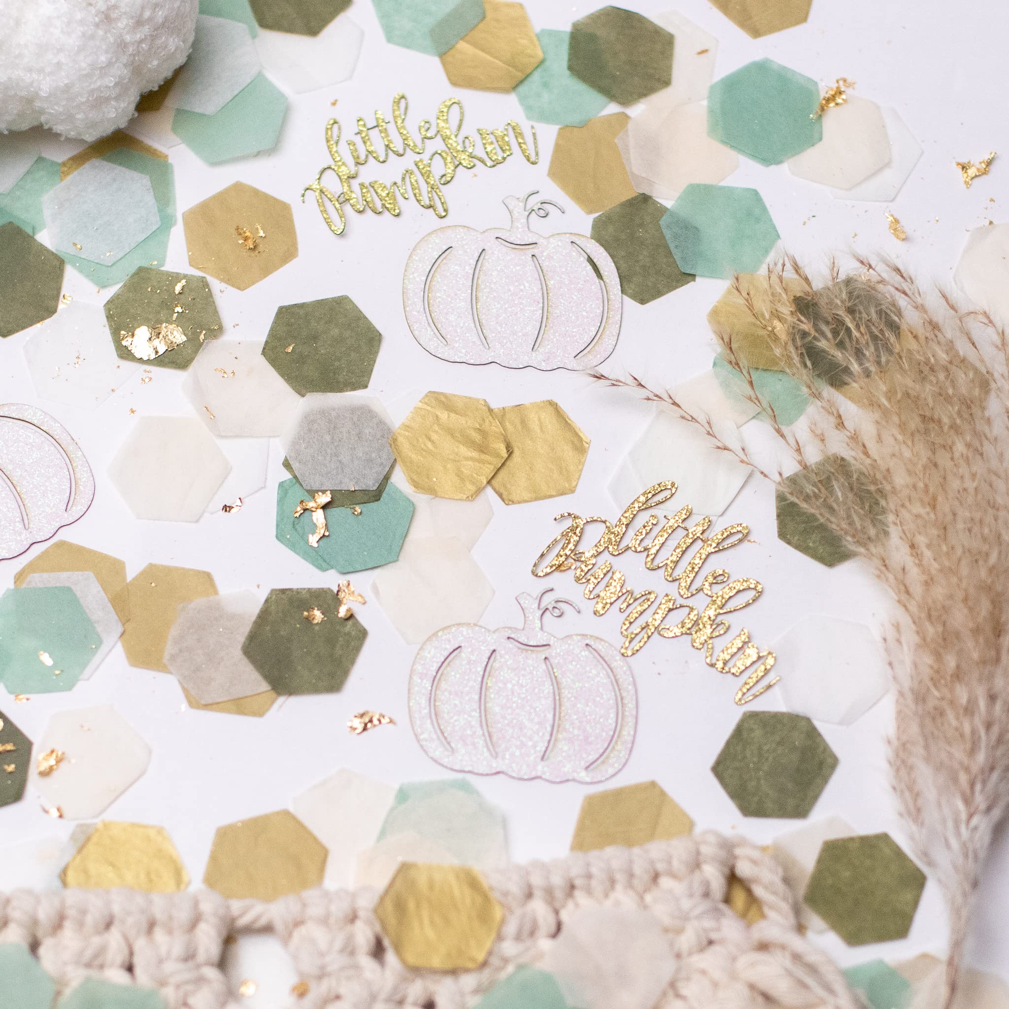 Little Pumpkin Baby Shower Decorations - Pink & White Pumpkin Confetti for Baby Shower Girl (Green & Gold Theme) | Gender Reveal Party, Fall Nursery Decor, Halloween Baby Celebration