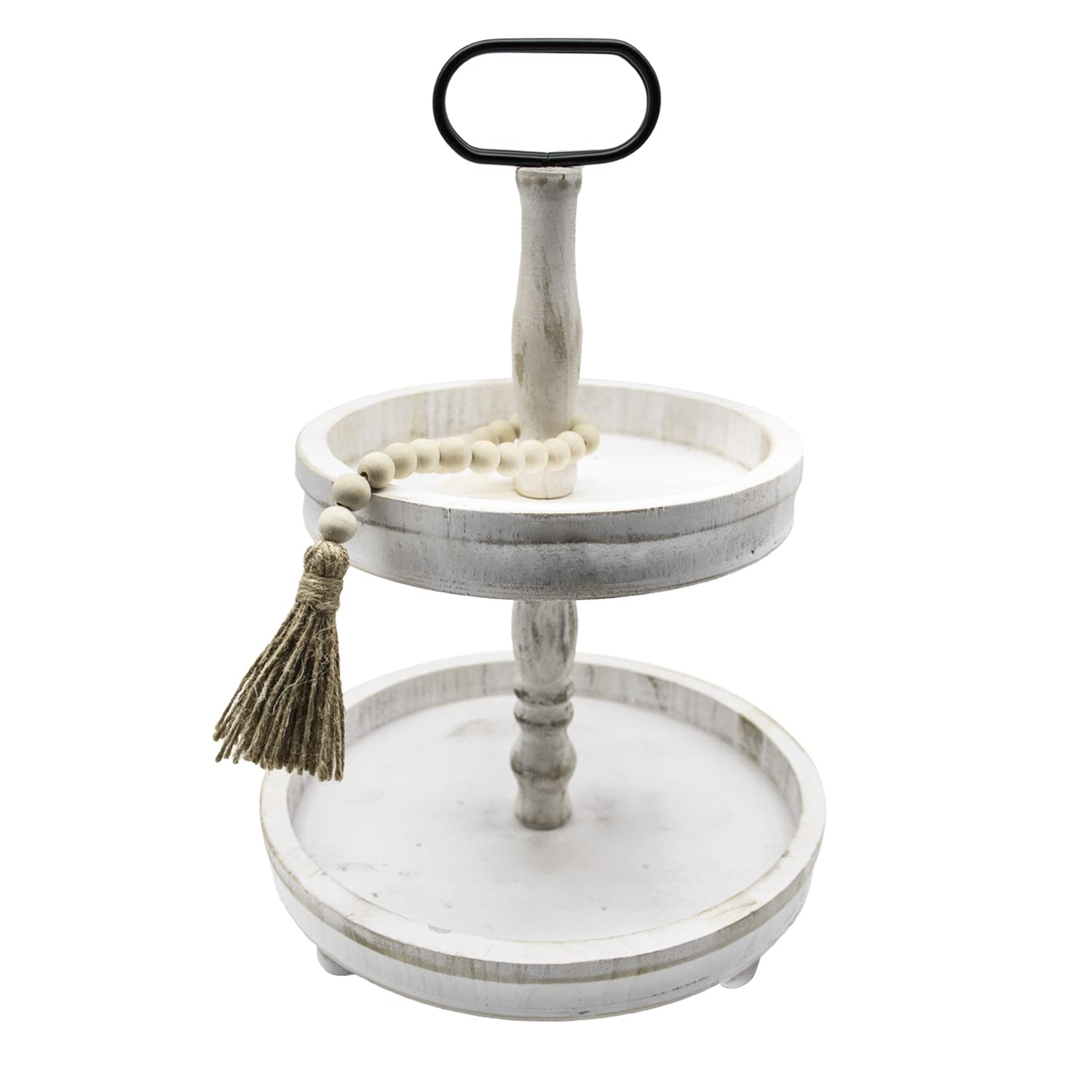 Banooo Two Tiered Tray Stand - Rustic Distressed Wood Farmhouse Decor for Kitchen, Dining Table, Coffee Bar & Entryway - White Vintage Style Tiered Serving Tray for Home Decor & Entertaining