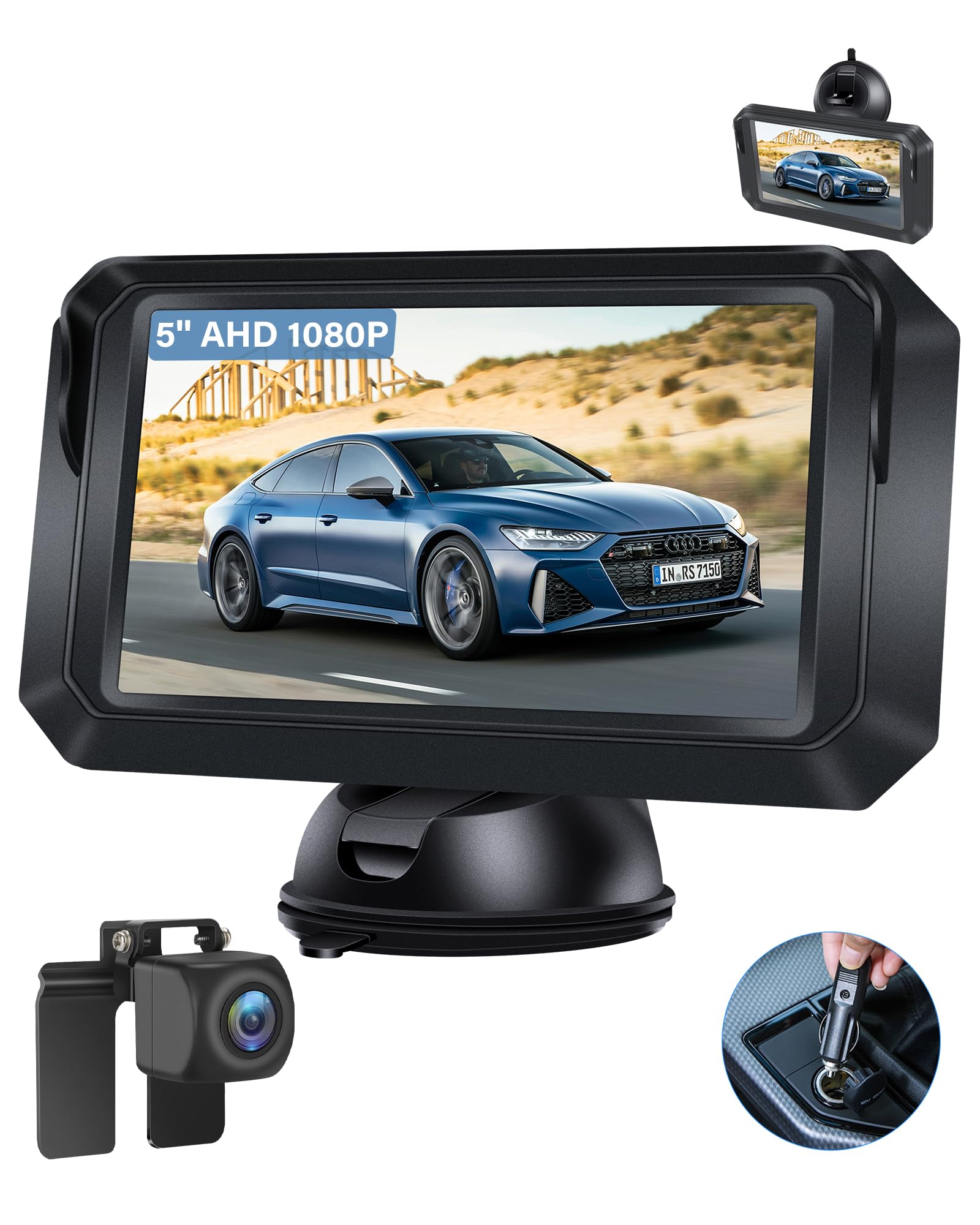Vtopek 5 Inch AHD 1080P Waterproof IP68 Reversing Camera Kit with 6 Guide Lines - Rear View Backup Camera for Cars, Vans, Caravans - Perfect for Parking, Night Driving & Tight Spaces